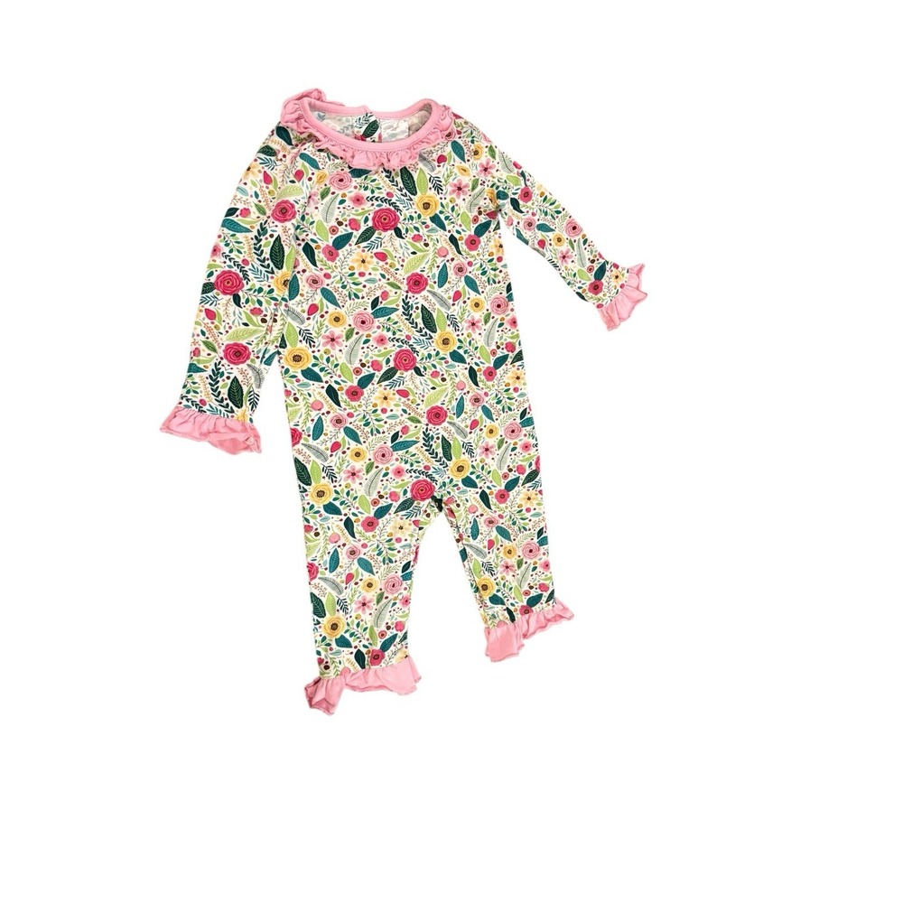 Toddler Girl 3T Stitchy Fish Multicolored Floral Romper Ruffle Accents Snap Legs